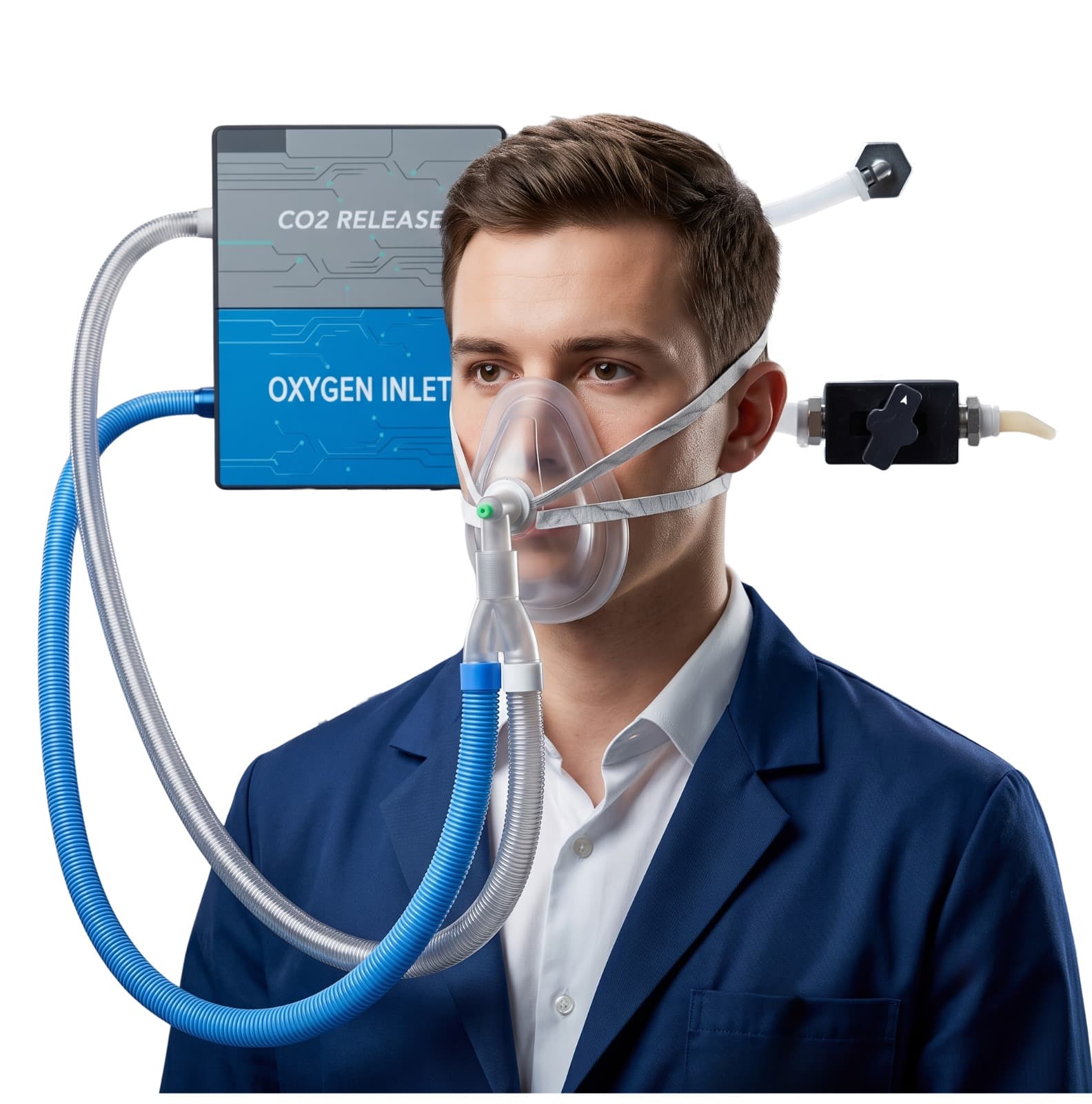 Person wearing the BIBS oxygen mask, connected to separate oxygen supply and exhaust tubing