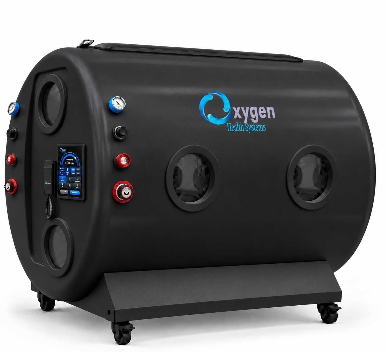 Black hard-shell hyperbaric chamber with its side-mounted touchscreen control panel